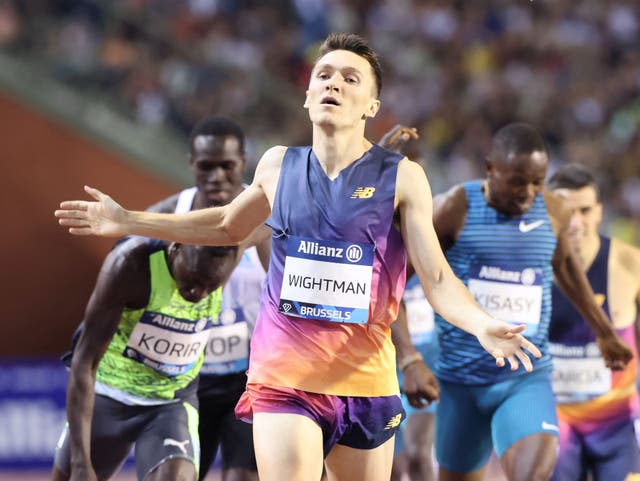 <p>Jake Wightman wins the men’s 800m event during the IAAF Diamond League ‘Memorial Van Damme’ athletics meeting at the King Baudouin Stadium in Brussels on 2 September</p>