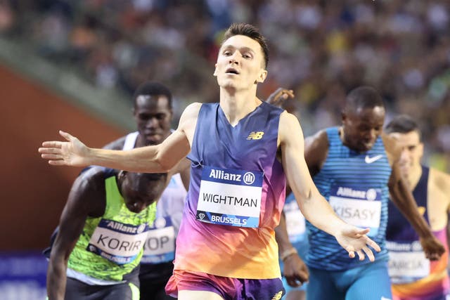 <p>Jake Wightman wins the men’s 800m event during the IAAF Diamond League ‘Memorial Van Damme’ athletics meeting at the King Baudouin Stadium in Brussels on 2 September</p>