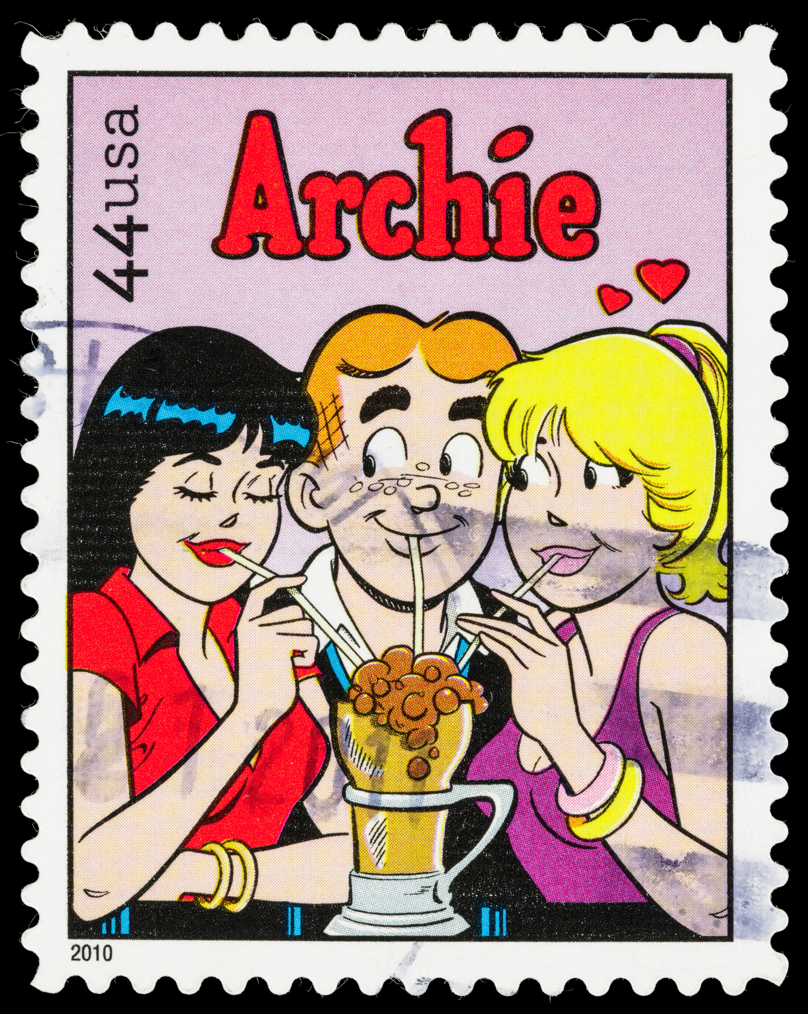 A US stamp featuring characters from the Archie comic series, including (from L to R) Veronica, Archie and Betty
