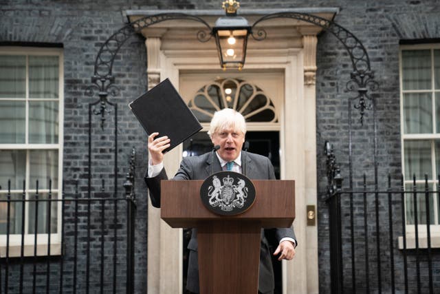 Former prime minister Boris Johnson gives his final speech outside 10 Downing Street (Stefan Rousseau/PA)