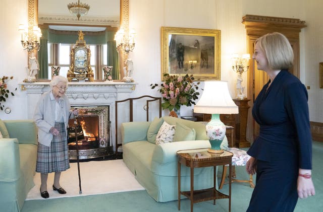 Queen Elizabeth II welcomes Liz Truss during an audience at Balmoral, Scotland, where she invited the newly elected leader of the Conservative party to become Prime Minister and form a new government (Jane Barlow/PA)