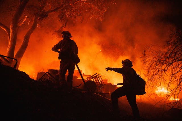 <p>Firefighters battle the Fairview Fire on Monday in Riverside County</p>