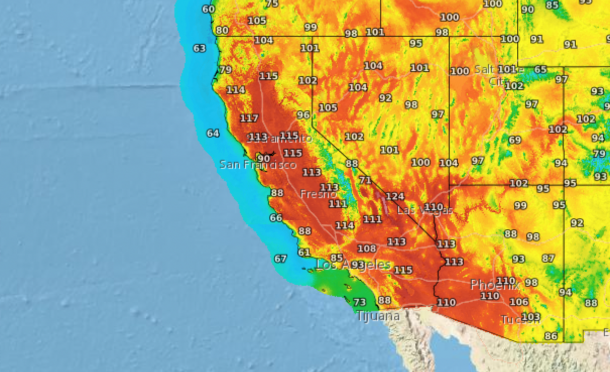 <p>Record-breaking temperatures were forecast on  Tuesday as dangerous heatwave in California continues</p>