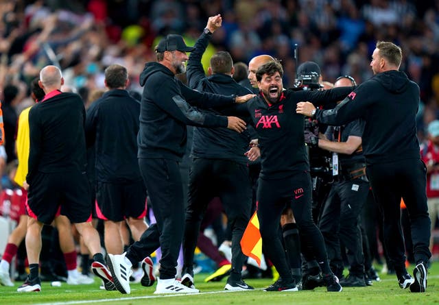 Liverpool manager Jurgen Klopp celebrates after Fabio Carvalho’s late winner against Newcastle (Tim Goode/PA)