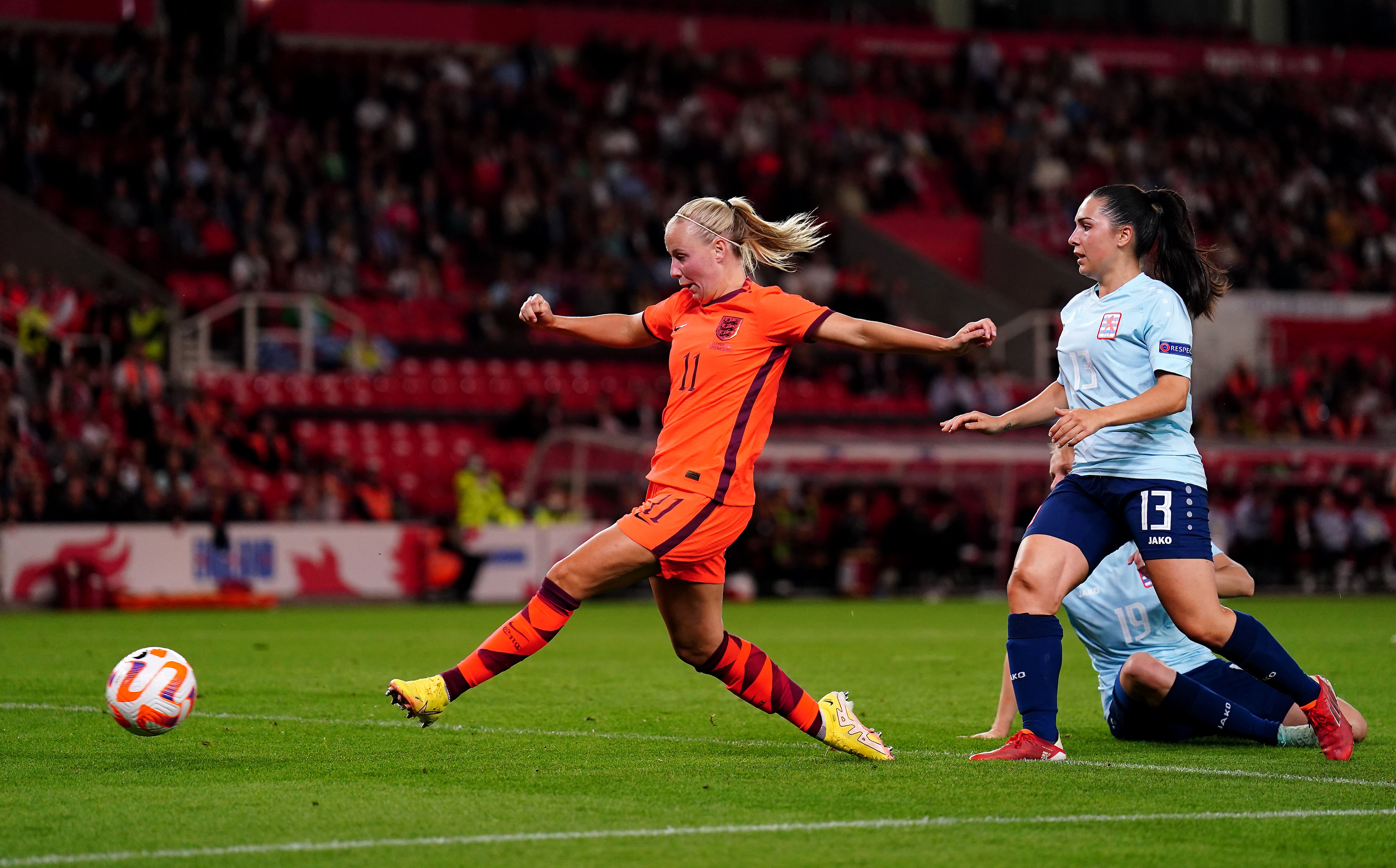 Beth Mead scores England’s fifth goal (Mike Egerton/PA)