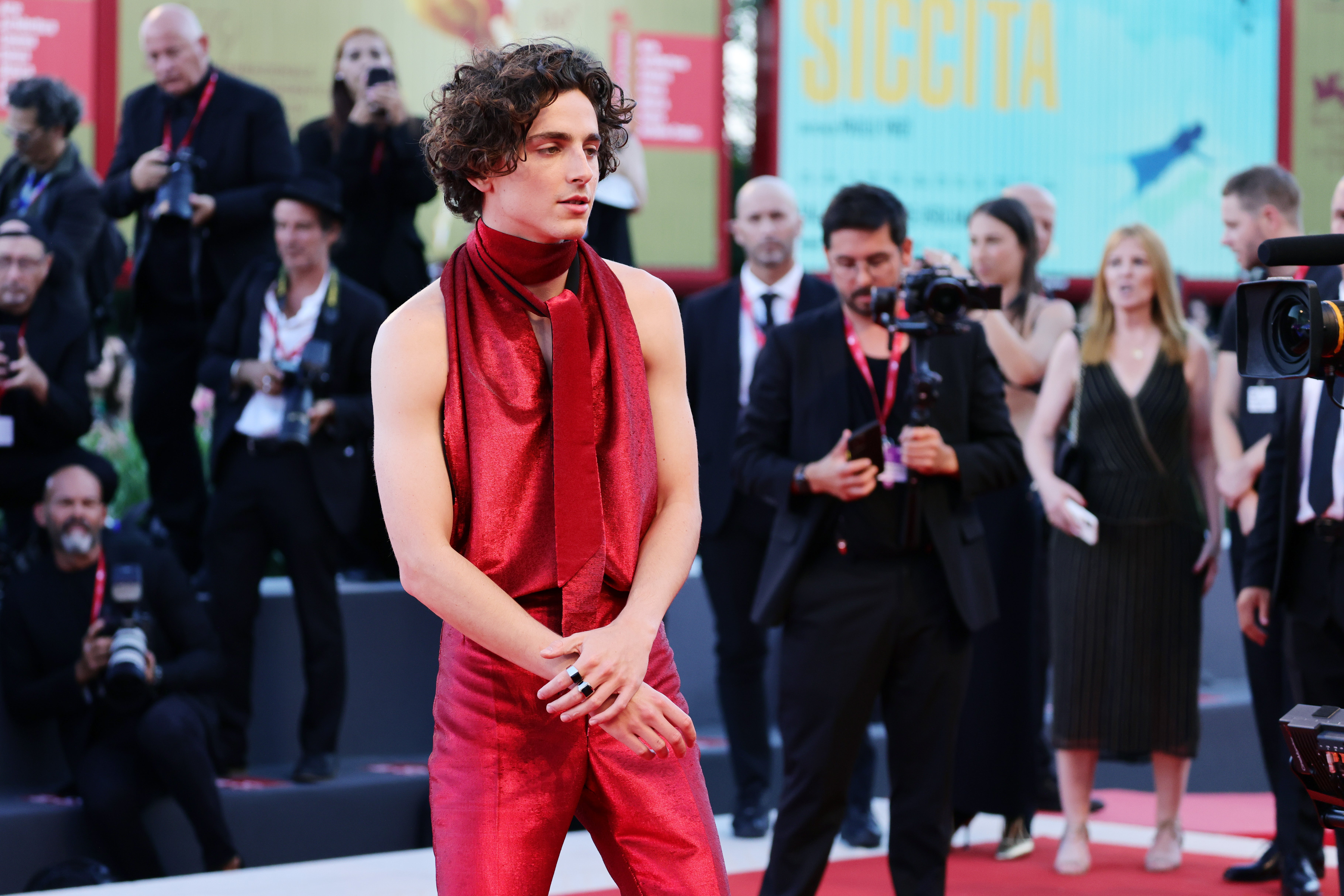 Timothee Chalamet attends the "Bones And All" red carpet at the 79th Venice International Film Festival