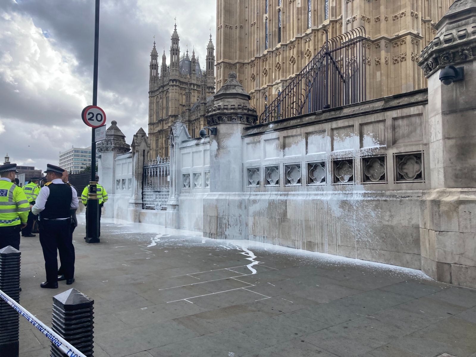 Animal Rebellion protesters threw white paint over the Houses of Parliament