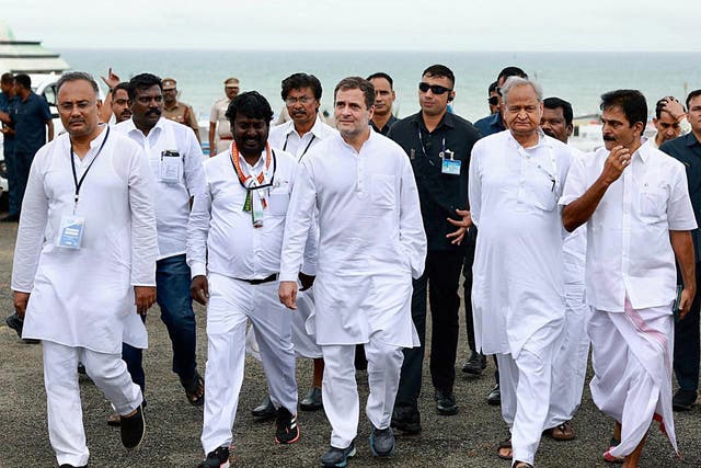 <p>Rahul Gandhi (centre) seen in Kanyakumari, Tamil Nadu as the Indian Congress Party starts the walkathon</p>