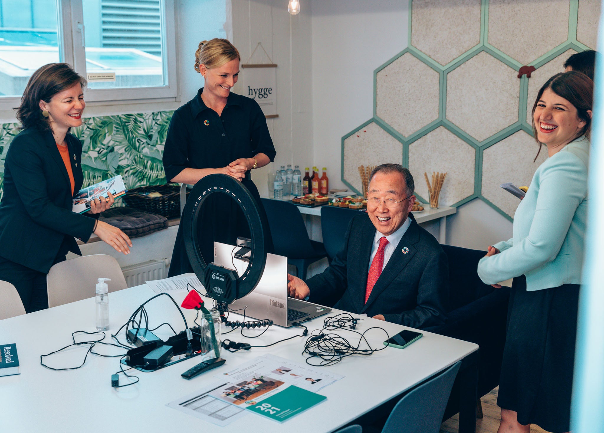 Ban Ki-moon with his team in Vienna on Tuesday during his interview with The Independent