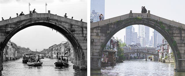<p>Two photos of Qingming Bridge in Wuxi, Jiangsu province, show the transformation of the canal. Liu Shizhao took the photos in 1982 and 2016 respectively</p>