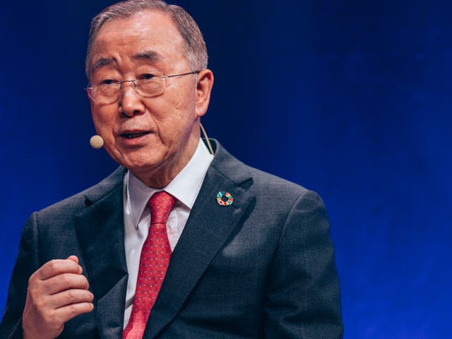 <p>Former secretary general of the United Nations, Ban Ki-moon, speaks at a roundtable event in Vienna with international climate ministers on the issue of adaptation ahead of Cop27</p>