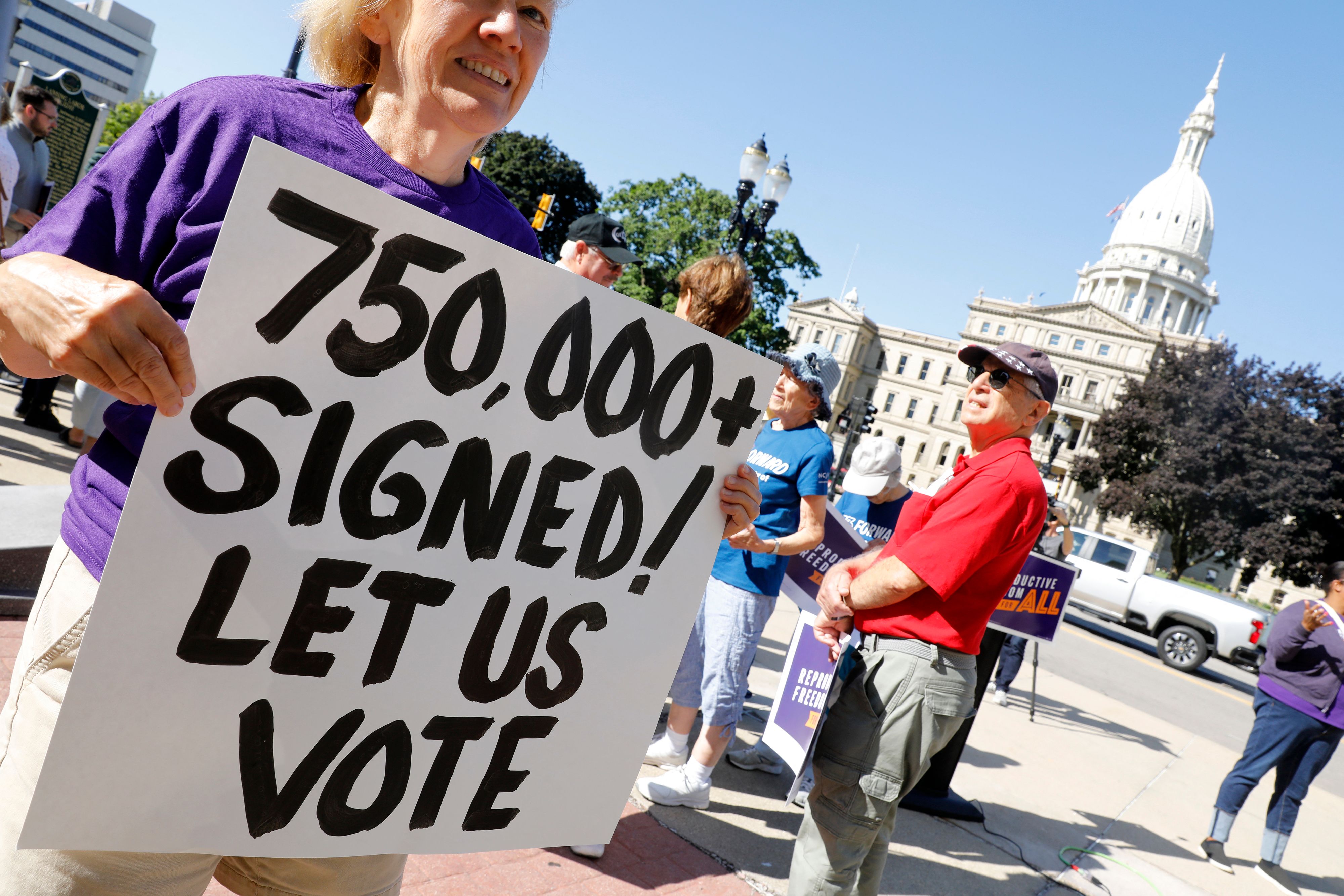 Abortion rights supporters marched in Michigan on 7 September to call for a ballot proposal to affirm constitutional protections for abortion care