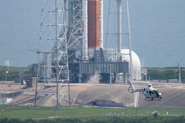 <p>Nasa’s Space Launch System rocket and Orion spacecraft, the Artemis I mission, on the launch pad at Cape Canaveral Florida on 3 September</p>