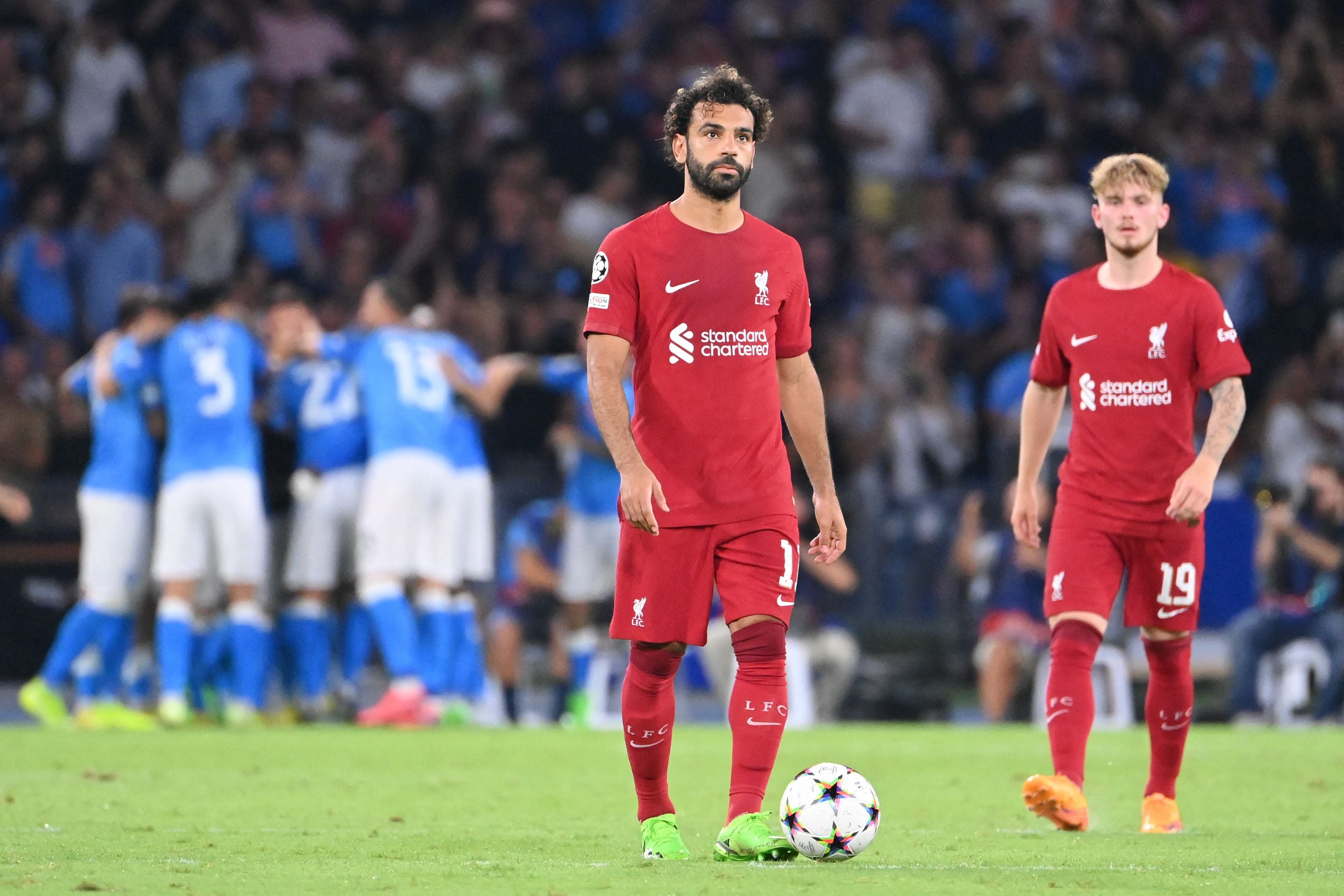 Mohamed Salah looks on as Napoli celebrate