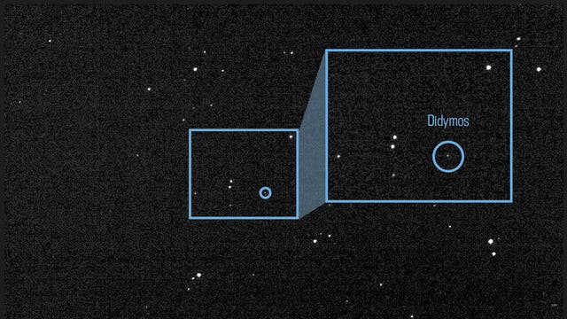 Los asteroides Didymos y Dimorphos vistos por la nave espacial Dart de la NASA desde 20 millones de millas de distancia.