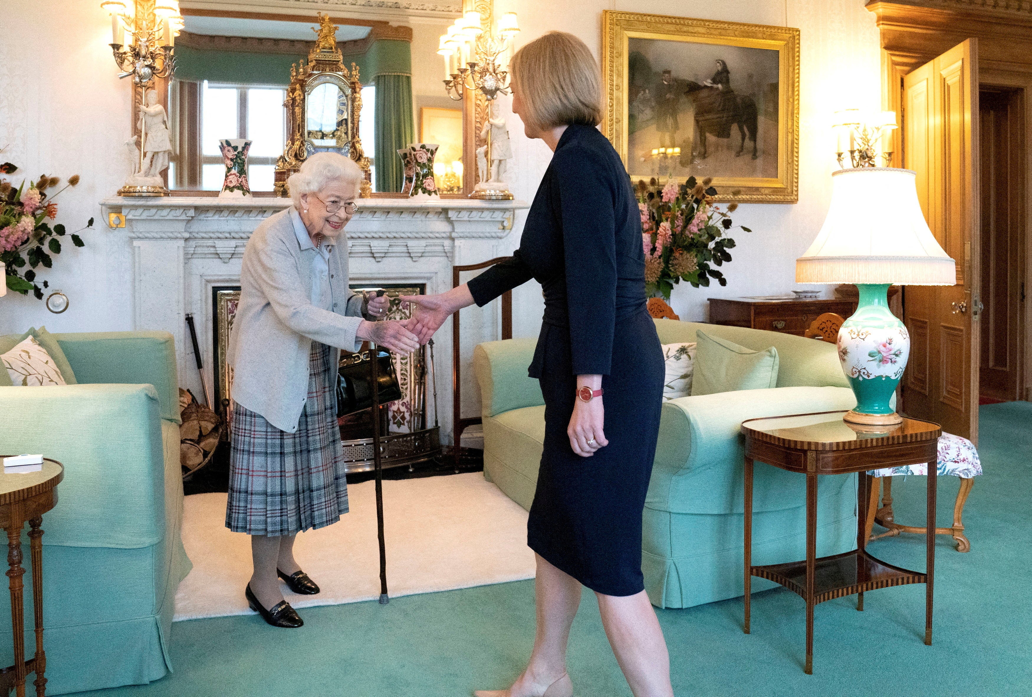 Queen Elizabeth welcomes Liz Truss during an audience at Balmoral Castle, Scotland, on 6 September
