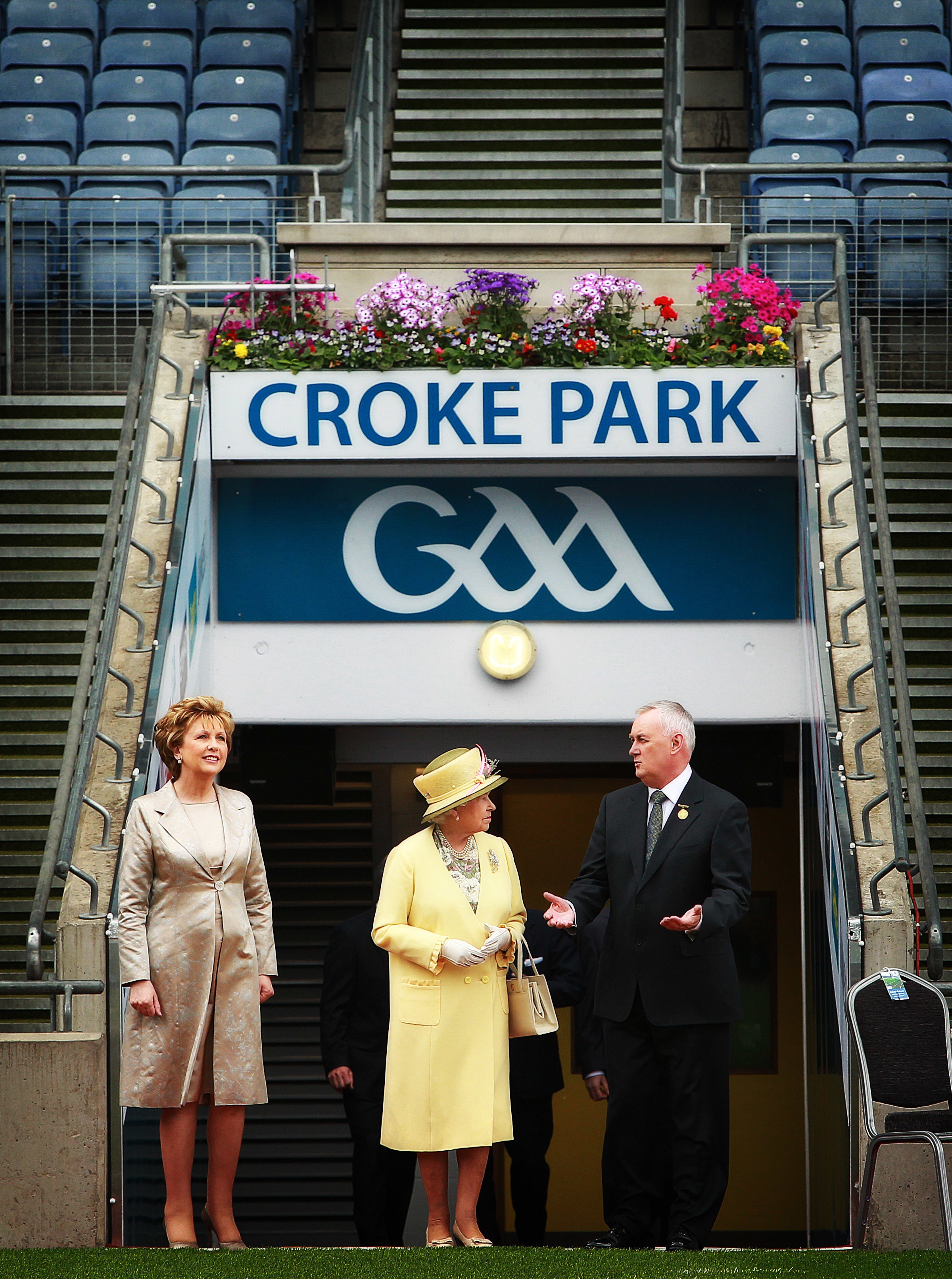 Then President of the Irish Republic Mary McAleese, Queen Elizabeth II and then GAA President Christy Cooney at Croke Park, Dublin, during her visit to Ireland (Julien Behal/PA Wire)