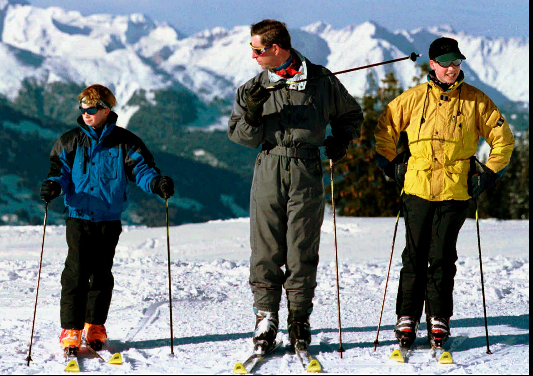 King Charles skiing with his sons, Prince William and Prince Harry.