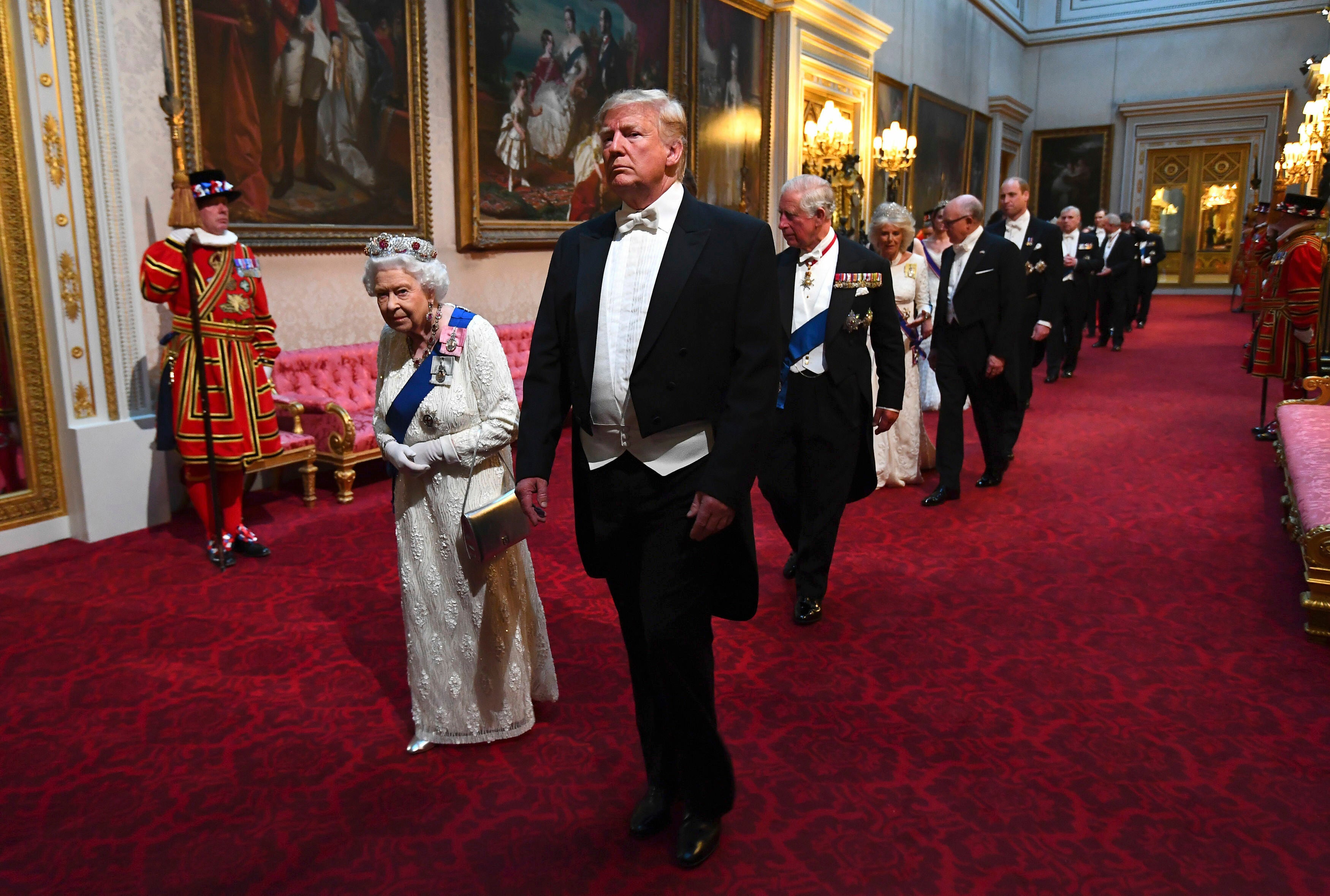 Queen Elizabeth II with then-President Trump at a state banquet at Buckingham Palace in 2019