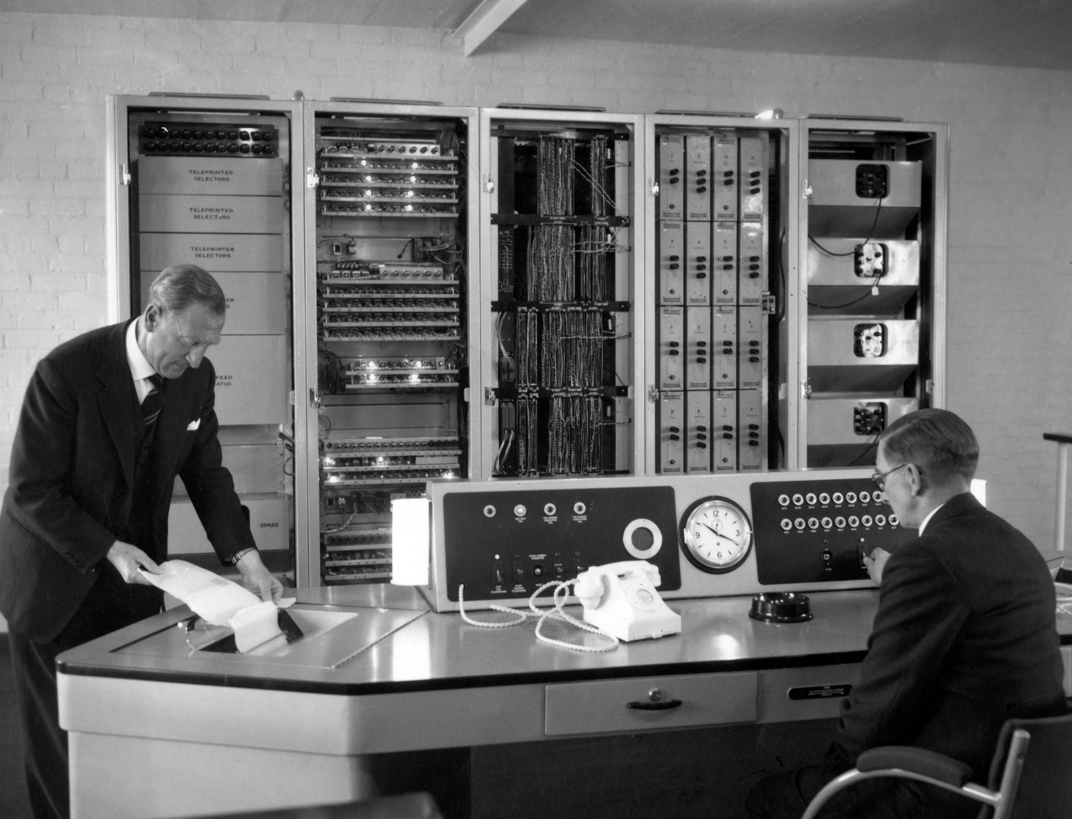 Post Office engineers check ‘Ernie’ (Electronic Random Number Indicating Equipment) at the Premium Savings Bonds office in 1957 (PA)