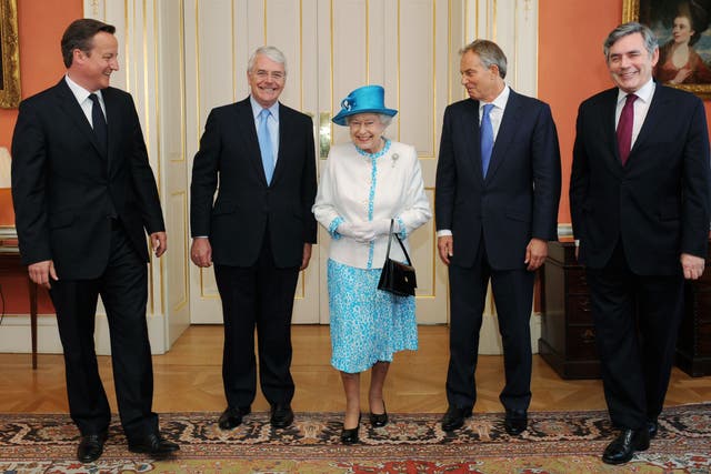 The Queen with then prime minister David Cameron and former PMs Sir John Major, Tony Blair and Gordon Brown, ahead of a Diamond Jubilee lunch at 10 Downing Street in 2012 (Stefan Rousseau/PA)