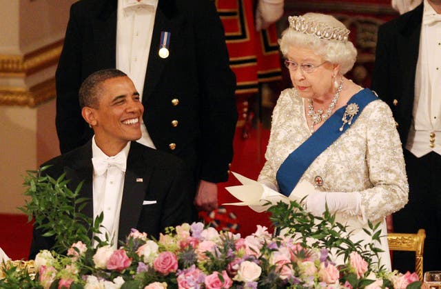 <p>Queen Elizabeth II and US President Barack Obama at a 2011 Buckingham Palace state banquet</p>
