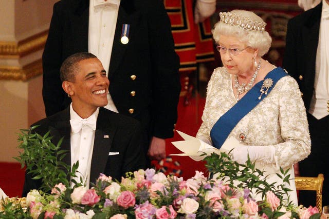 <p>Queen Elizabeth II and US President Barack Obama at a 2011 Buckingham Palace state banquet</p>