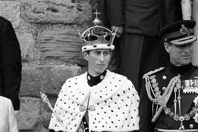 The Prince of Wales at his investiture at Caernarfon Castle, with the Duke of Edinburgh (PA)