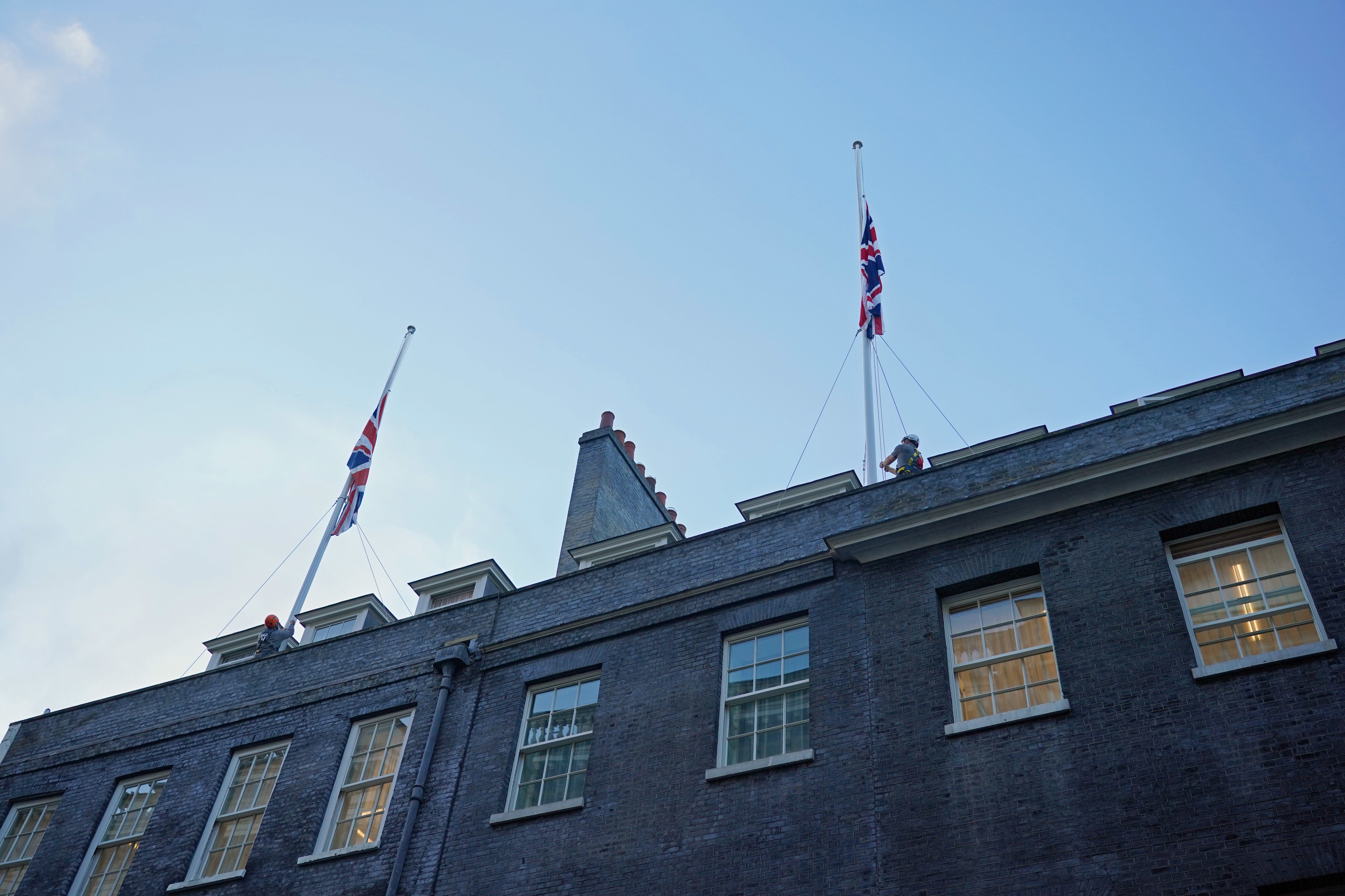 Flags above No 10 Downing Street fly at half mast following the announcement of the Queen’s death (Dominic Lipinski/PA)