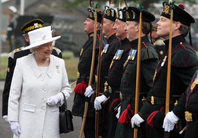 The Queen inspects troops during a visit to The Royal Scots Dragoon Guards at Redford Barracks, Edinburgh (Andrew Milligan/PA)