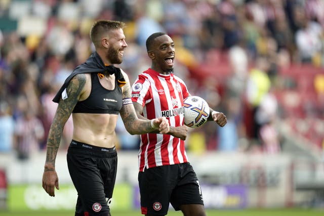 Ivan Toney with the match ball after scoring a hat trick for Brentford against Leeds (Andrew Matthews/PA)