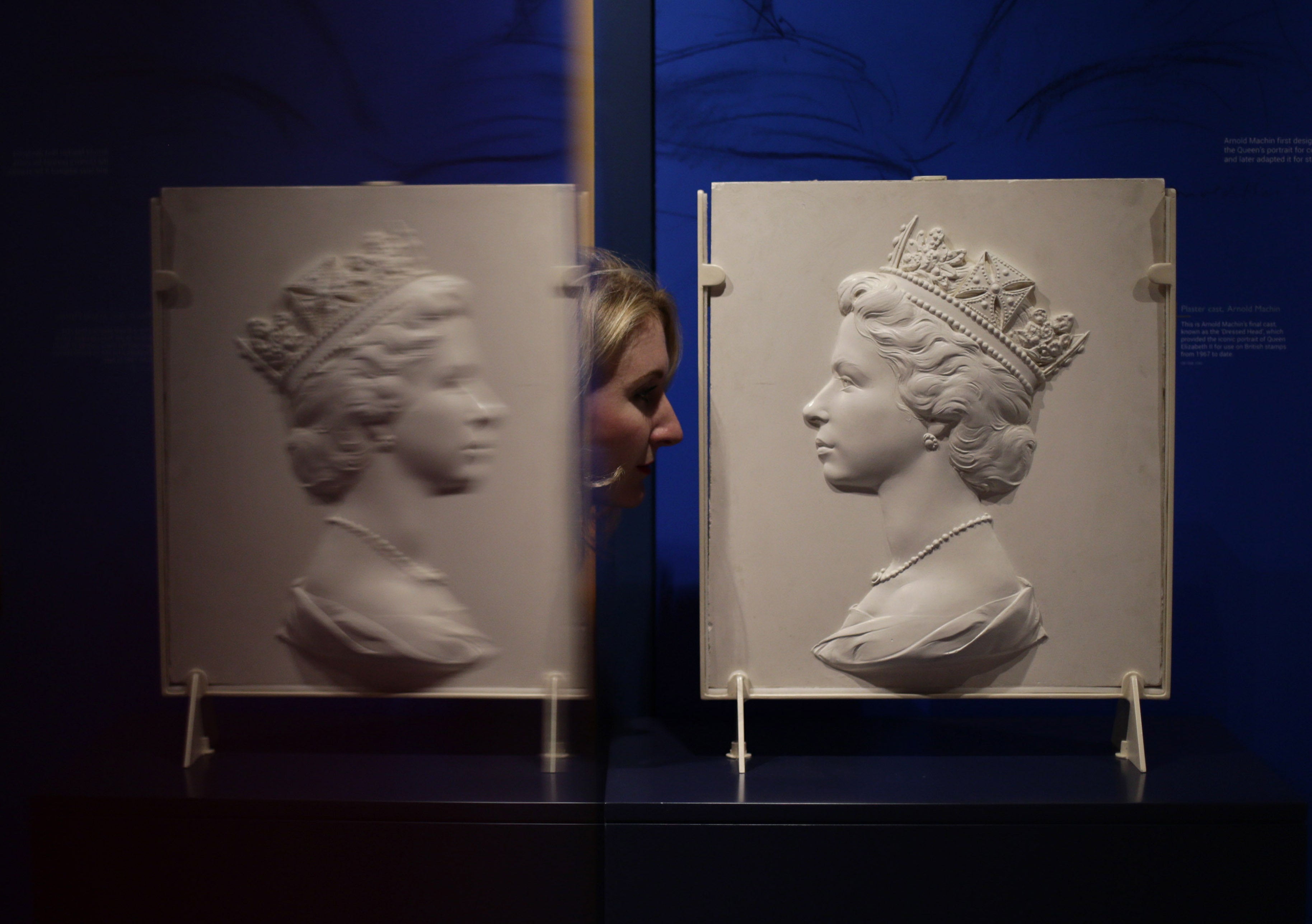 A final plaster cast known as the ‘Dressed Head’, by Arnold Machin, of Queen Elizabeth II, which provided the portrait for use on British stamps from 1967 to date, on display during a preview of the Postal Museum in London (Yui Mok/PA)