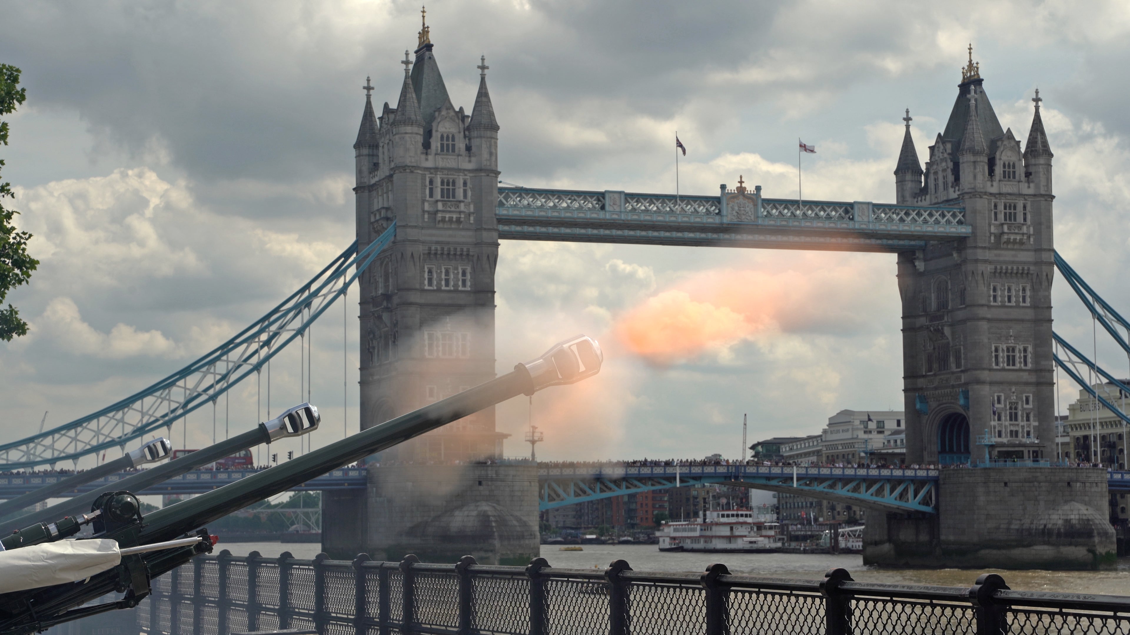 The Honourable Artillery Company during the Royal Gun Salute at Tower Bridge to mark the start of the Platinum Jubilee celebratory weekend in June 2022