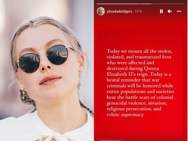 <p>Phoebe Bridgers (left) and the post she shared on her Instagram Stories shortly after news of the Queen’s death broke</p>