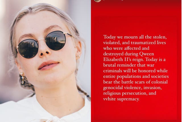 <p>Phoebe Bridgers (left) and the post she shared on her Instagram Stories shortly after news of the Queen’s death broke</p>