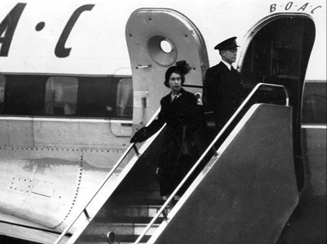 <p>Coming home: Queen Elizabeth II arriving at London Heathrow in 1952</p>