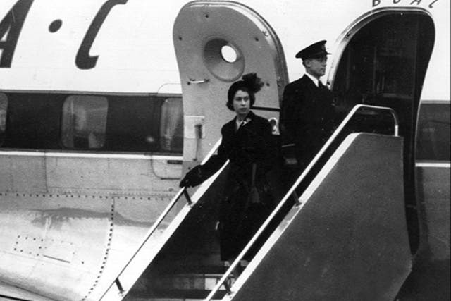 <p>Coming home: Queen Elizabeth II arriving at London Heathrow in 1952</p>