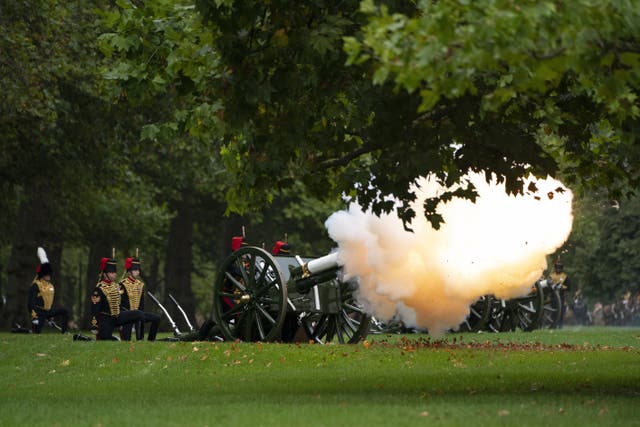 Members of the King’s Troop Royal Horse Artillery during the gun salute at London’s Hyde Park to mark the Queen’s death (Kirsty O’Connor/PA)