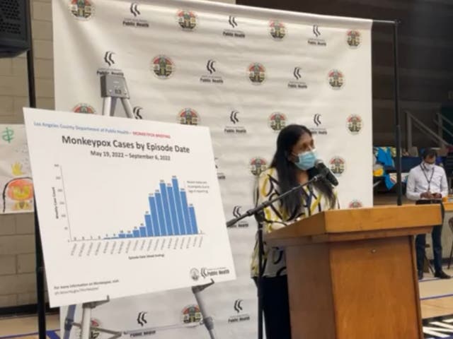 <p>Los Angeles County chief medical office Rita Singhal announces the death of a monkeypox patient in a news conference on 8 September 2022</p>