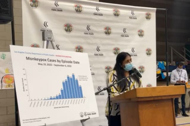 <p>Los Angeles County chief medical office Rita Singhal announces the death of a monkeypox patient in a news conference on 8 September 2022</p>