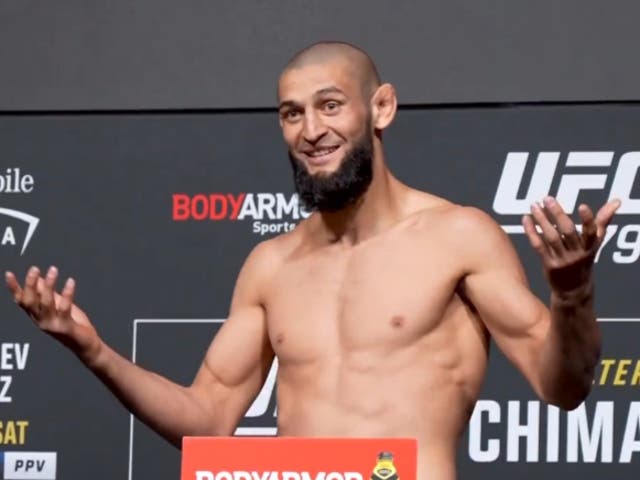 <p>Khamzat Chimaev missed weight for his welterweight bout with Nate Diaz</p>