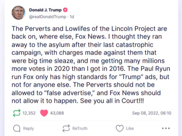 <p>Donald Trump blasts the Lincoln Project on Truth Social</p>
