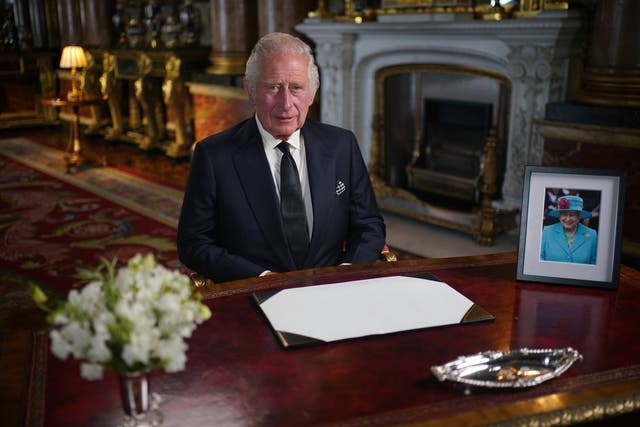 Charles delivers his address to the nation and the Commonwealth from Buckingham Palace following the death of the Queen on Thursday (Yui Mok/PA)