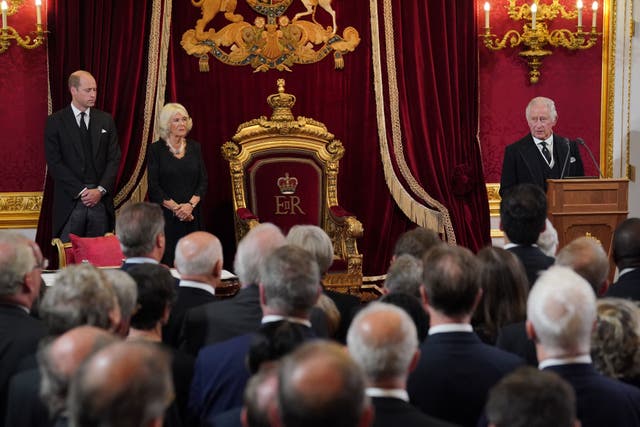 <p>The new Prince of Wales, the Queen Consort and King Charles III at St James’s Palace on Saturday </p>