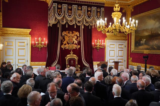 Members of the Privy Council gather in the Throne Room for the Accession Council at St James’s Palace, London, where King Charles III is formally proclaimed monarch (Jonathan Brady/PA)
