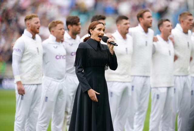 Laura Wright sings the national anthems before on day three of the third LV= Insurance Test match at the Kia Oval (John Walton/PA)