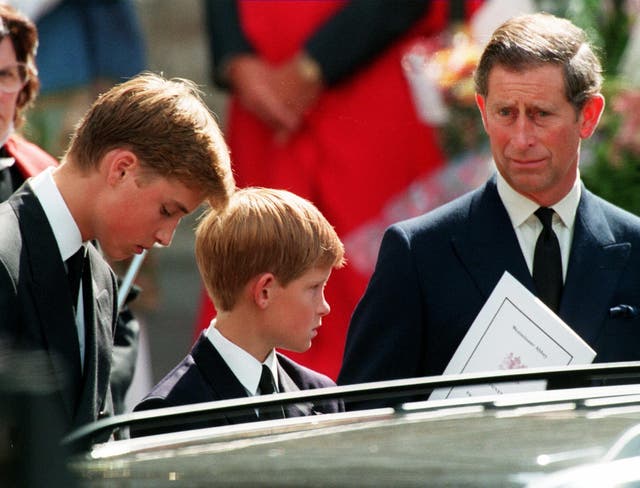 <p>The images of the two young princes forced into the spotlight as they joined the procession for Diana, Princess of Wales divided the nation</p>