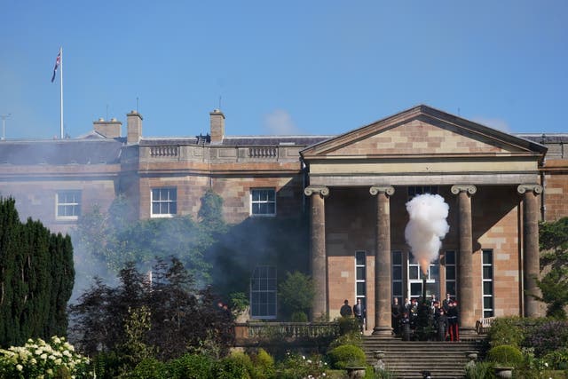 A 21-gun salute by the 105 Regiment Royal Artillery at Hillsborough Castle, Belfast, to mark the Proclamation of Accession of King Charles III (Brian Lawless/PA)