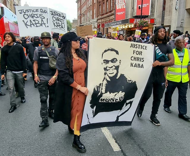 Handout photo taken with permission from the Twitter feed of @LeftUnityParty of protesters marching to New Scotland Yard, London in a protest over the death of the rapper, Chris Kaba (Left Unity/PA)
