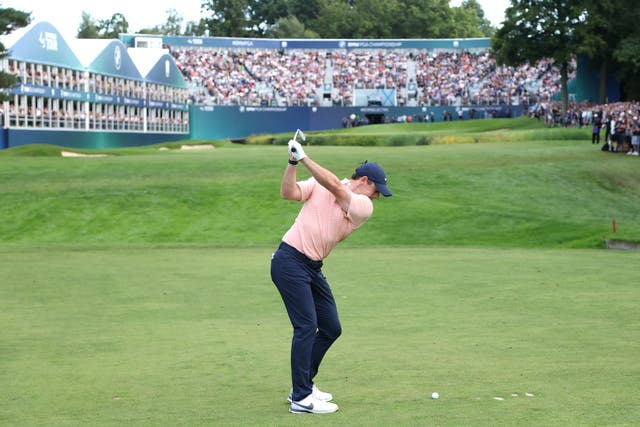 <p>Rory McIlroy on the 18th hole at Wentworth</p>
